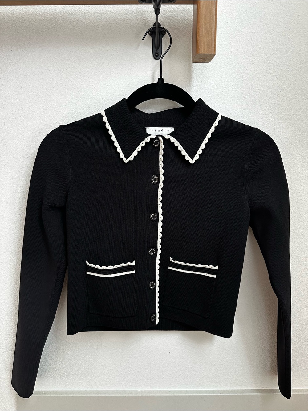 Sandro Paris Scalloped Trim Cropped Knit Cardigan Black White